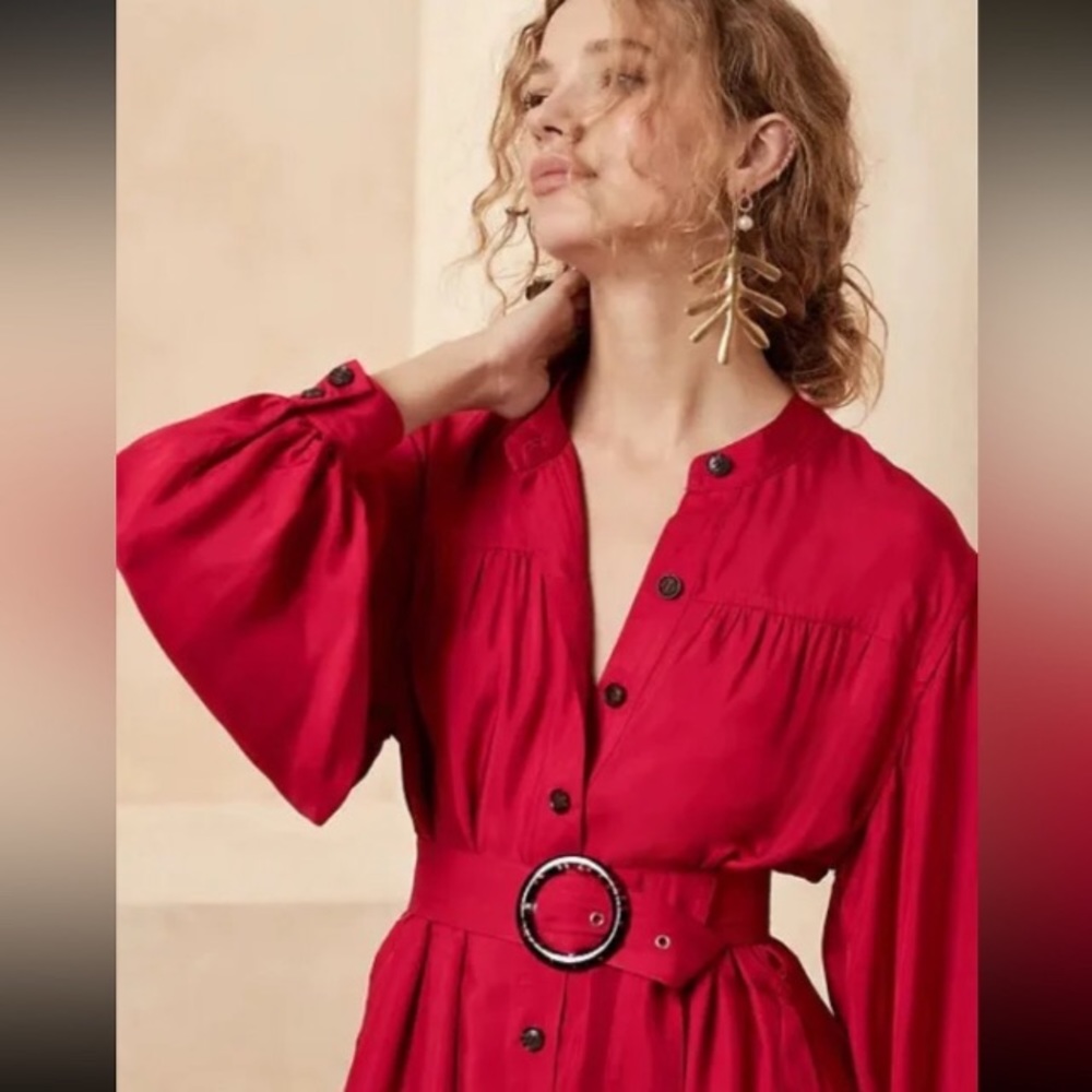 NWT! BANANA REPUBLIC RED SUNSET FLOUNCE HEM MINI DRESS - Size LARGE 💛 - Picture 2 of 4
